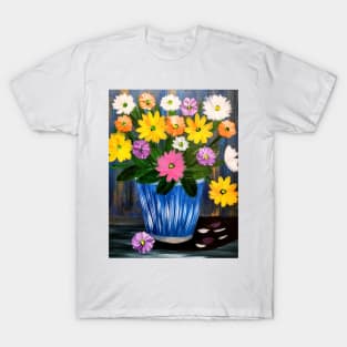 A beautiful bouquet flowers in a glass and gold vase . Using my favorite colors as vibrant background Using Acrylic and metallic paints. T-Shirt